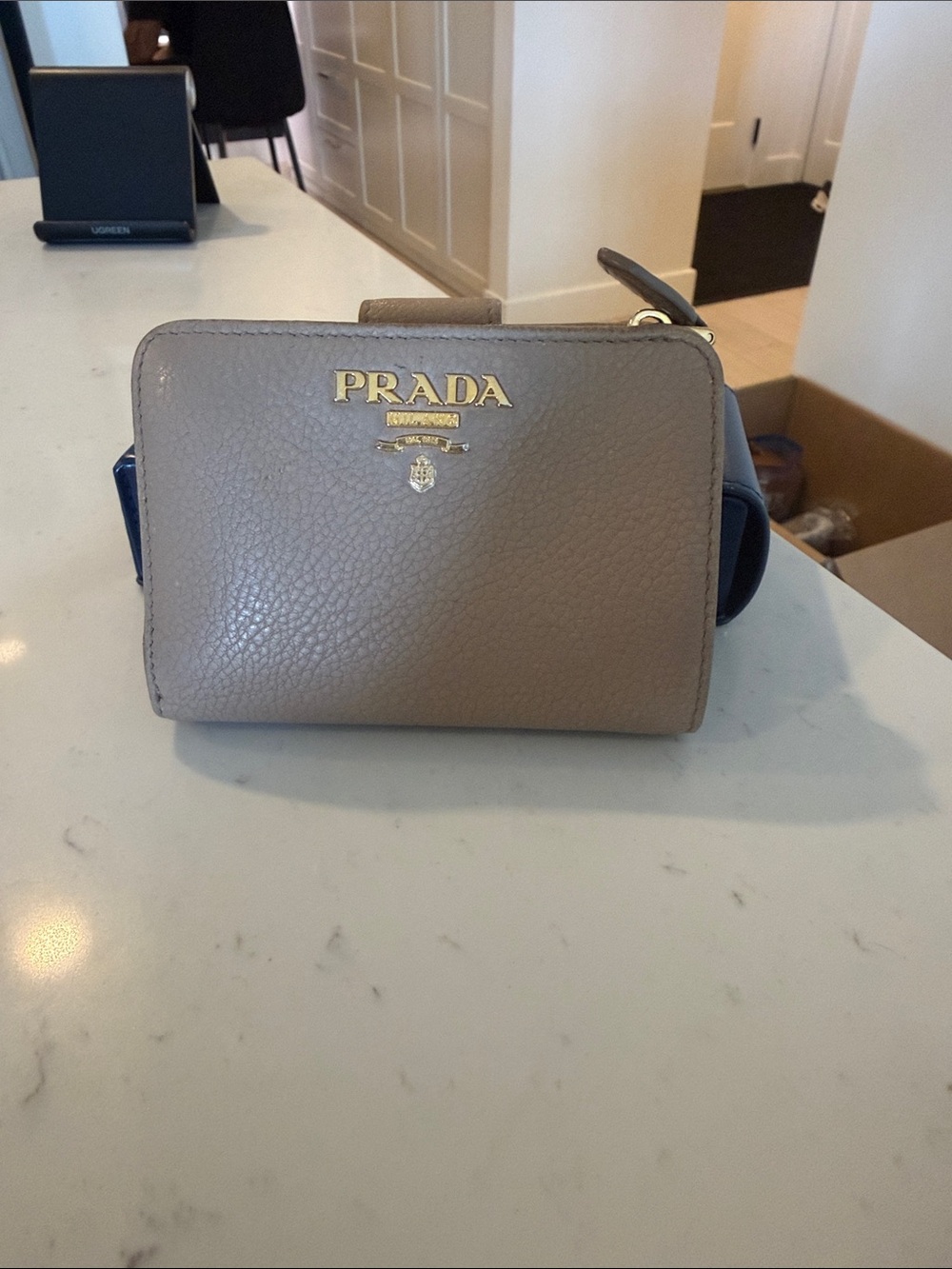 Prada Taupe and Navy Pebbled Leather Crossbody Wallet with Gold Logo